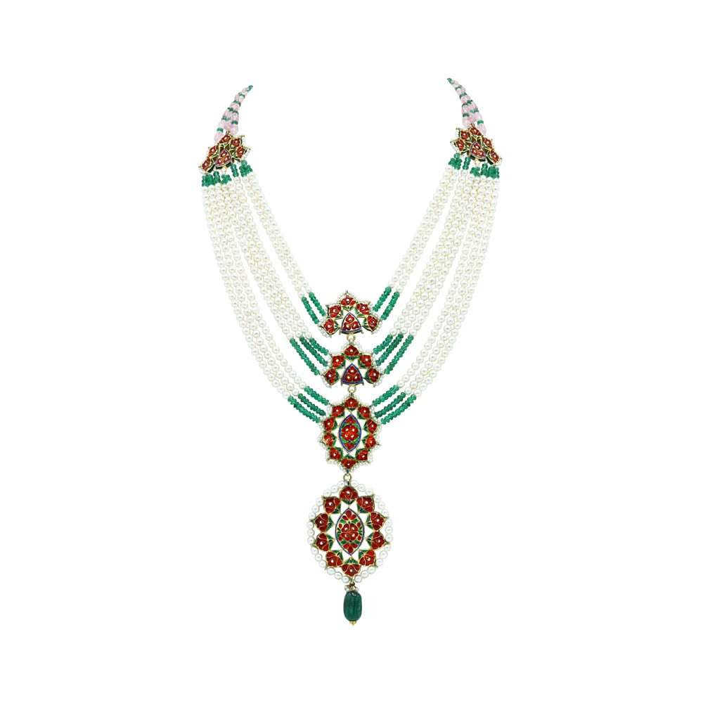 Pearl Necklace with Emerald, Tourmaline, and Polki Pendant